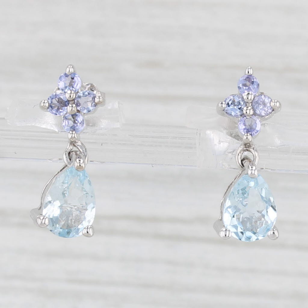 Light Gray 1.46ctw Tanzanite Aquamarine Dangle Earrings 10k White Gold Drops