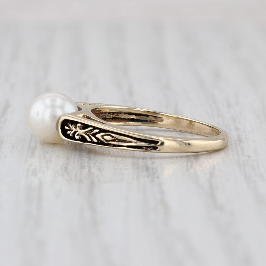 Cultured Pearl Solitaire Floral Engraved Ring Yellow Gold Size 5.5