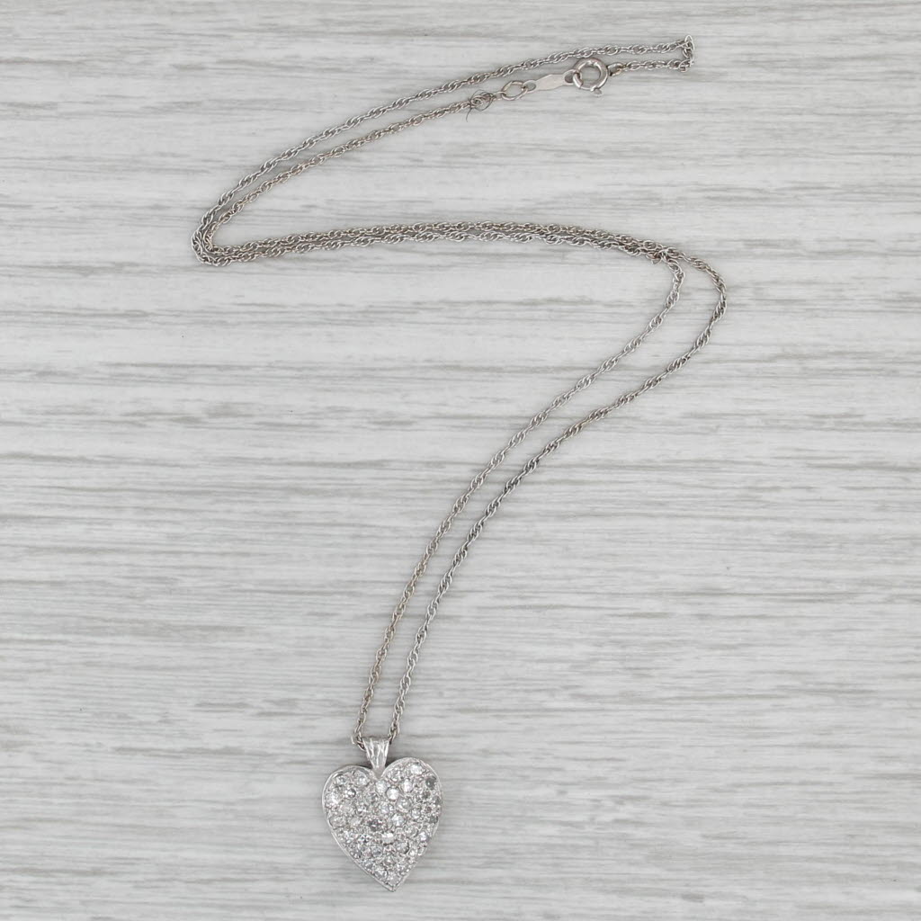 0.70ctw Pave Diamond Heart Pendant Necklace 14k White Gold 16" Rope Chain