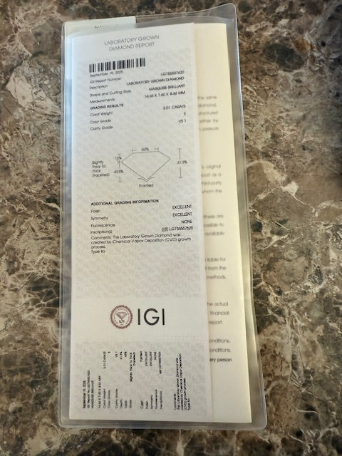 New IGI 3.54ctw Marquise Lab Grown Diamond Engagement Ring 14k Gold Size 6.5