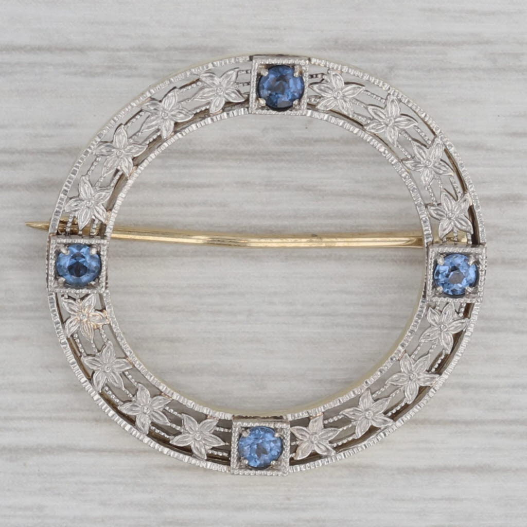 Gray 0.34ctw Blue Sapphire Filigree Wreath Pin 14k Gold Platinum Floral Badge