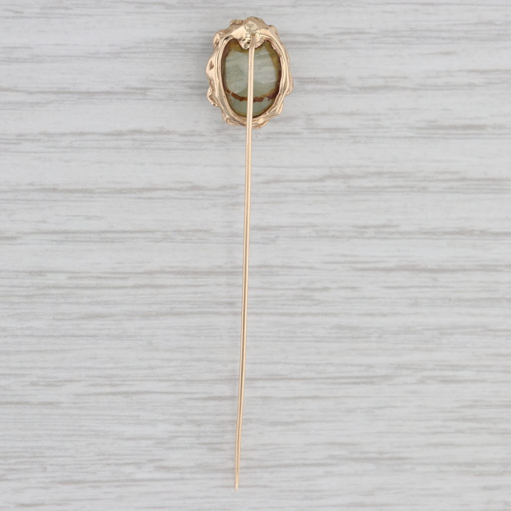 Light Gray Vintage Cat’s Eye Actinolite Stickpin 14k 10k Gold Oval Cabochon Solitaire