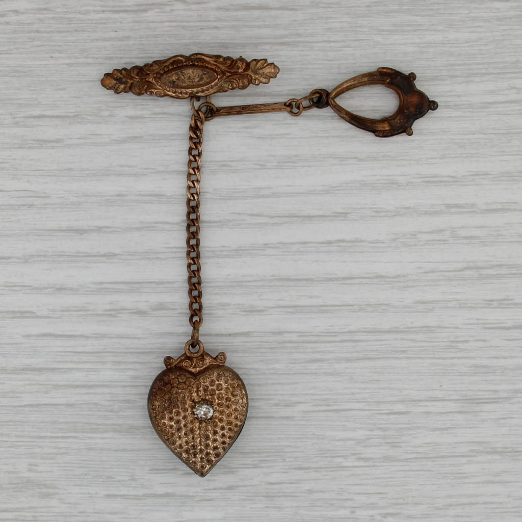 Antique Ornate Brooch w/ Charms Glass Accented Heart Pin