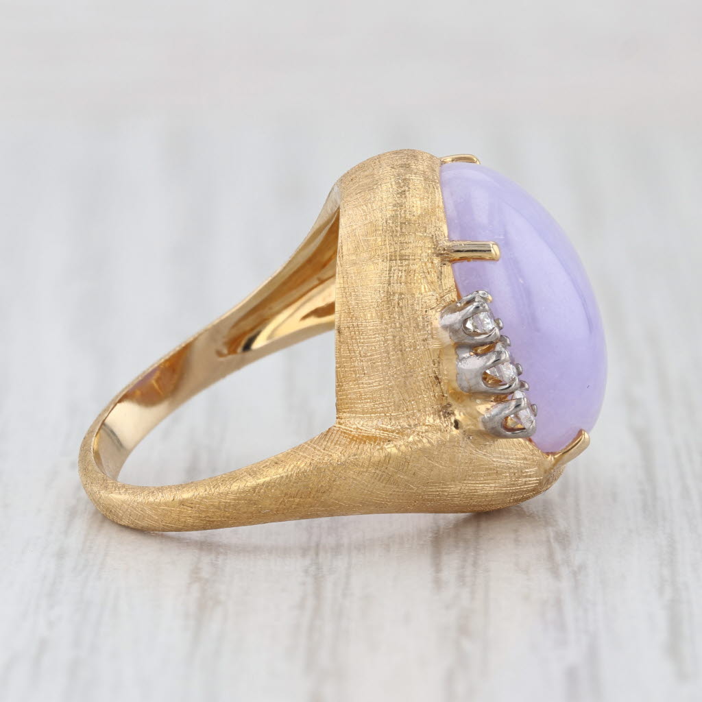Purple Jadeite Jade Diamond Bypass Ring Brushed 14k Yellow Gold Sz 6.5 Cocktail