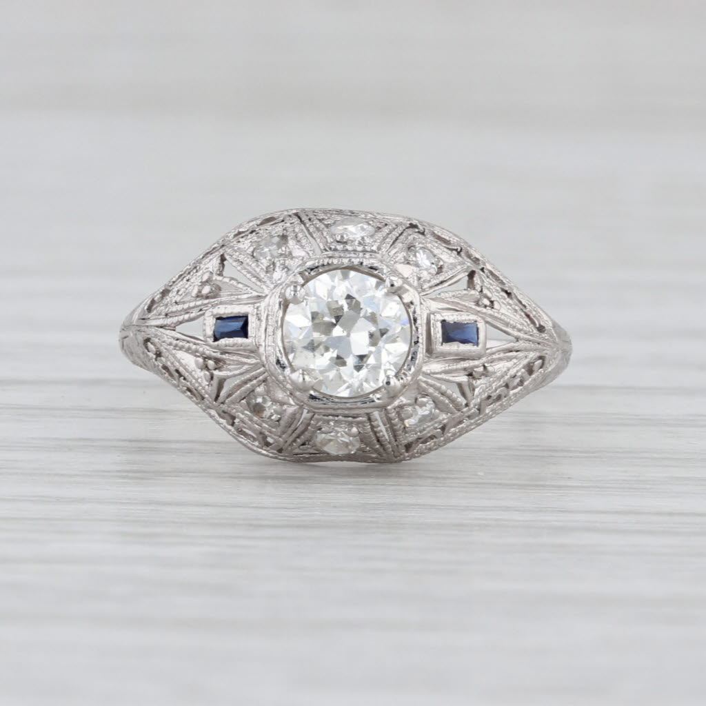 Art Deco 0.47ctw Old European Diamond Lab Sapphire Engagement Ring Platinum