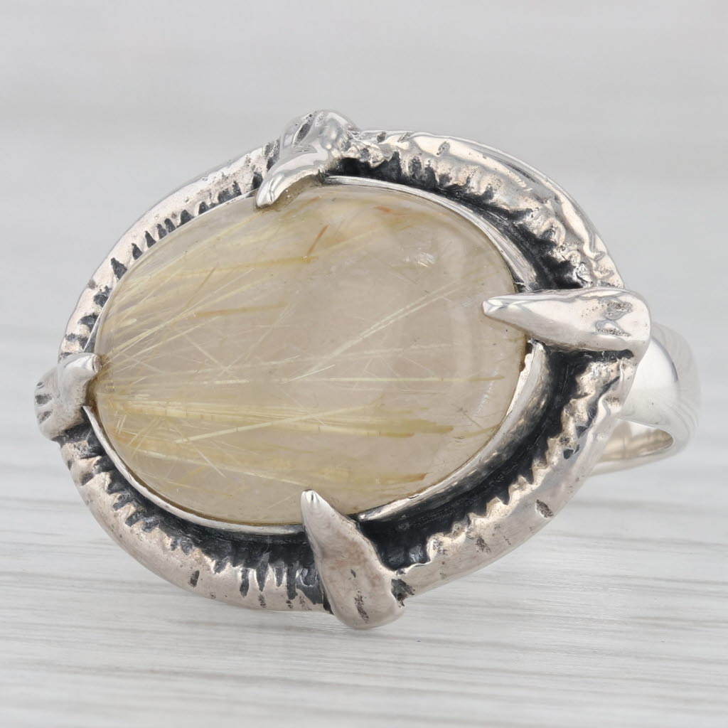 Gray Rutilated Quartz Oval Cabochon Ring Sterling Silver Size 6.75 Statement