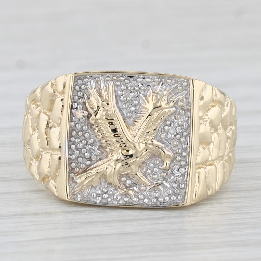 Light Gray Diamond Accented Soaring Eagle Signet Ring 10k Gold Size 11 Men's