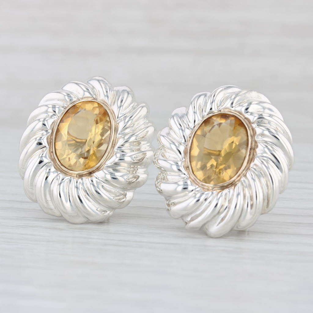 Light Gray 10.40ctw Citrine Statement Earrings Sterling Silver 14k Gold Pierced Omega Backs