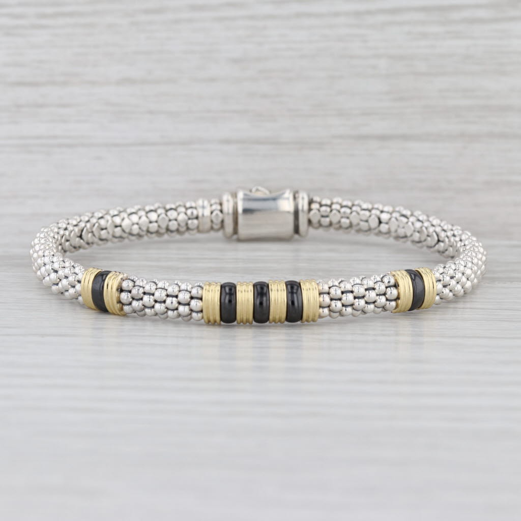 New Lagos Black Caviar Bracelet Sterling Silver 18k Gold Ceramic w/ Pouch 7.75"