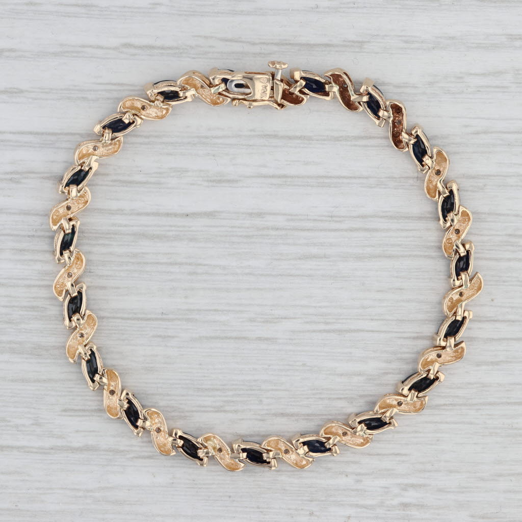 6.69ctw Blue Sapphire Diamond Scalloped Tennis Bracelet 14k Yellow Gold 6.75"