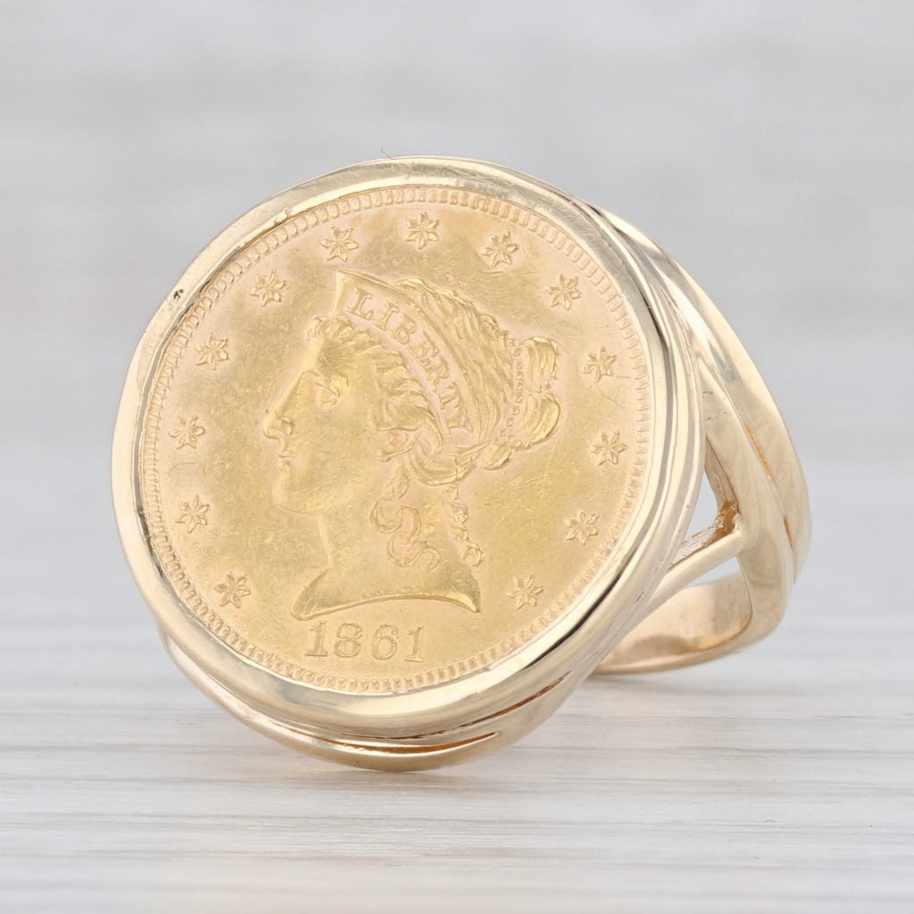 Light Gray Authentic 1861 Liberty Coin Ring 14k 22k Yellow Gold 2.50 Dollars Size 7