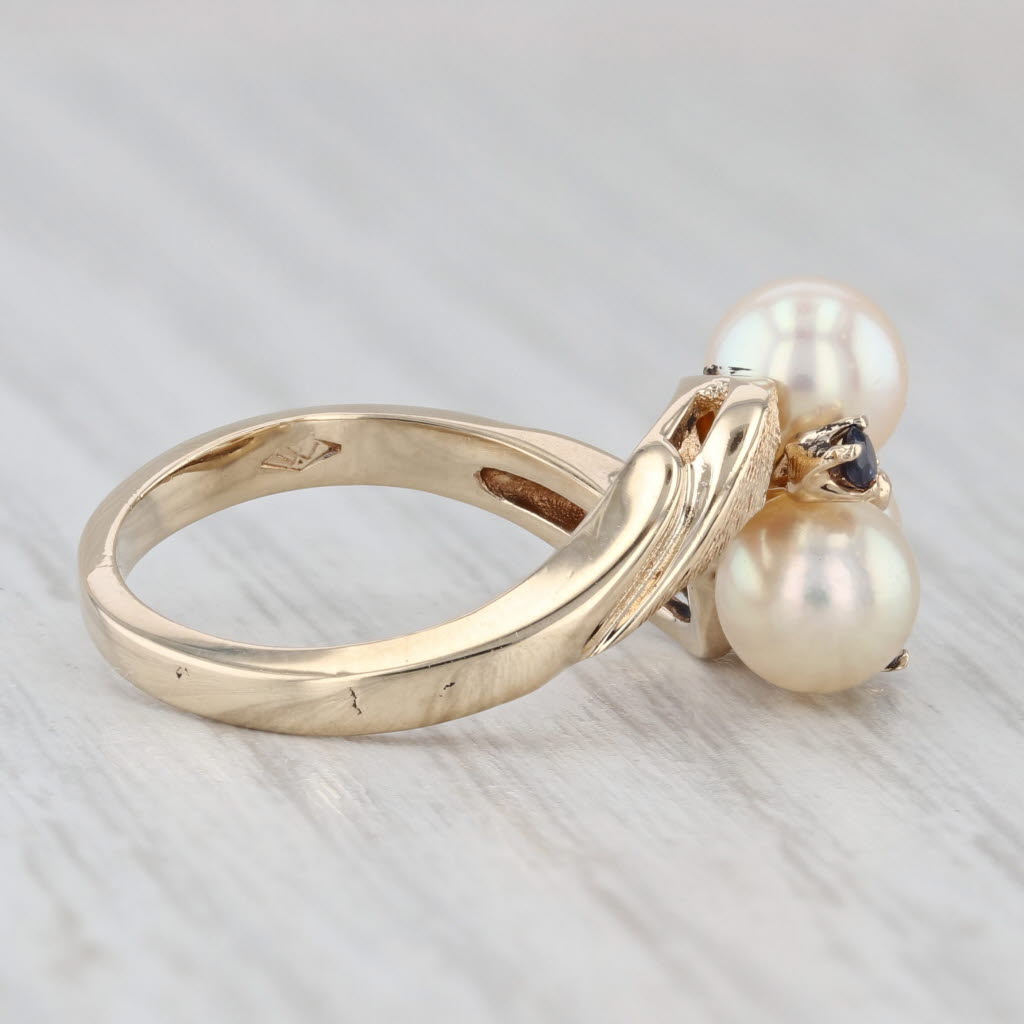 Light Gray Cultured Pearl Blue Sapphire Bypass Ring 14k Yellow Gold Size 6.25