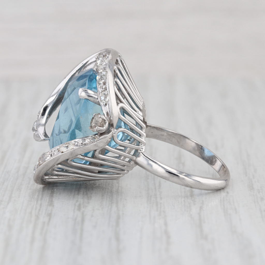 25.97ctw Aquamarine Diamond Swirl Cocktail Ring 10k-13.5 White Gold Size 8