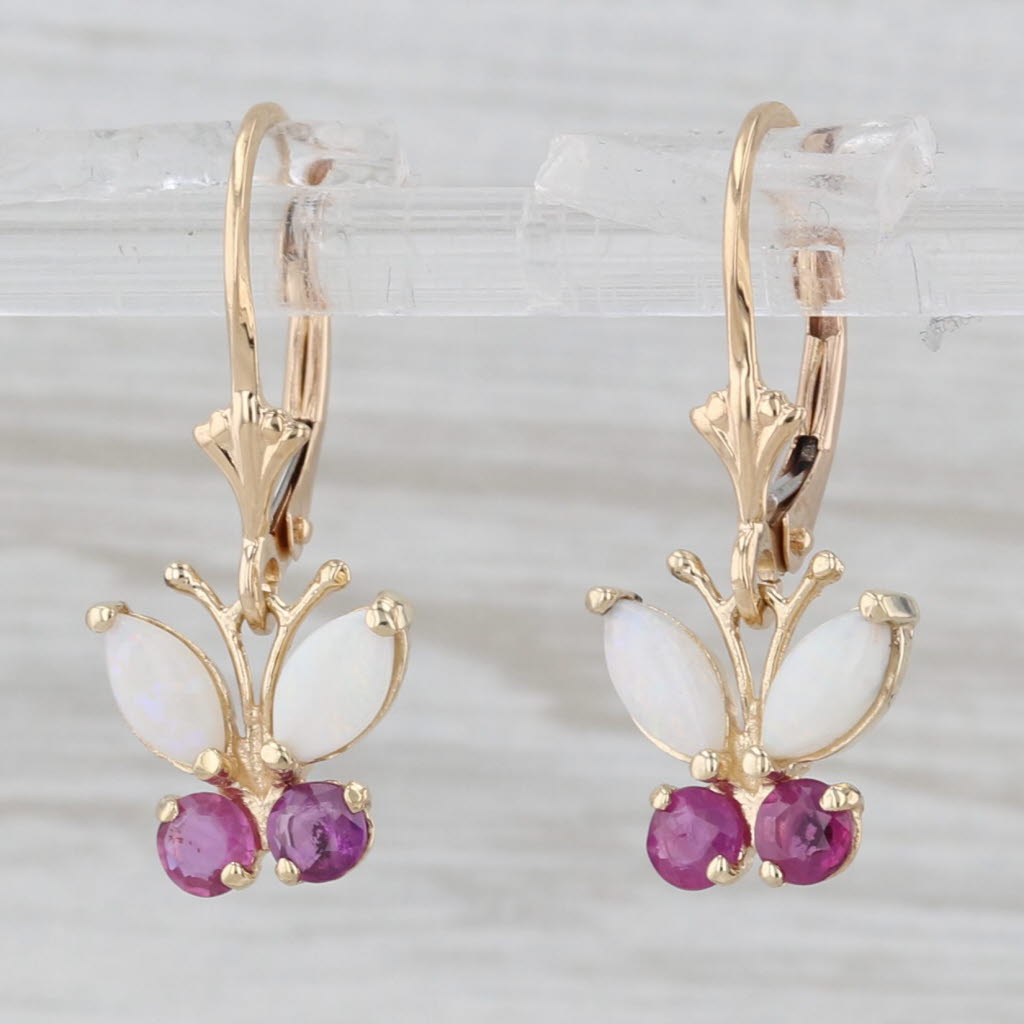 Light Gray Opal Ruby Butterfly Dangle Earrings 14k Yellow Gold Lever Backs