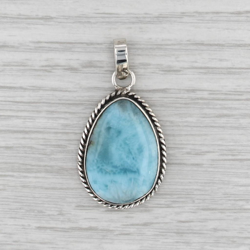 Blue Larimar Pear Cabochon Solitaire Pendant Sterling Silver Statement