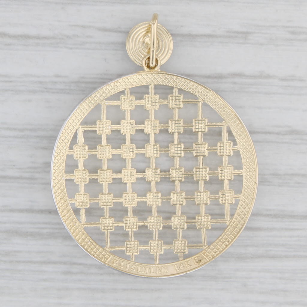 Gray Kitsinian Lattice Work Circle Pendant 14k Yellow White Gold Statement