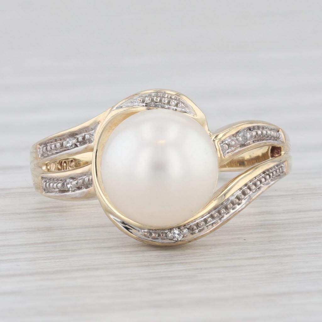 Light Gray Cultured Pearl Diamond Bypass Ring 10k Yellow Gold Size 7