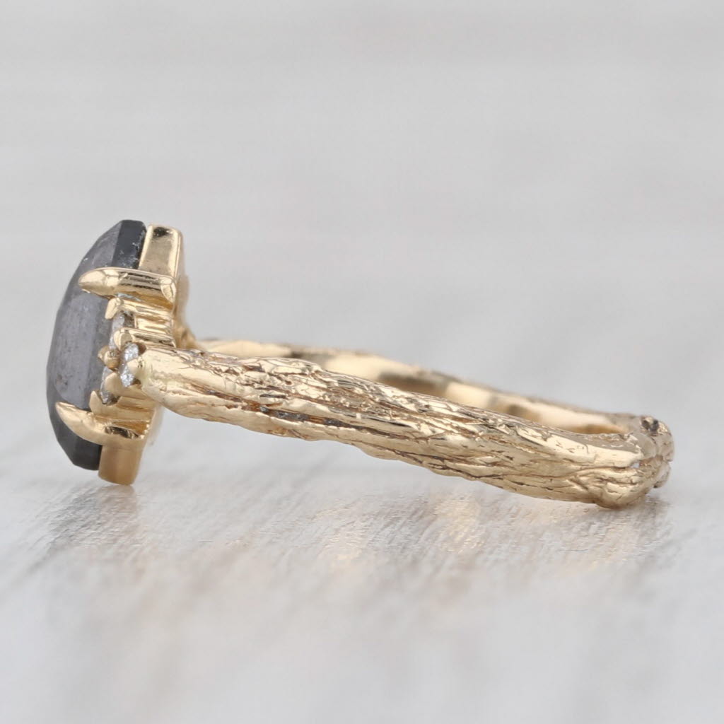 Custom Made Salt & Pepper Diamond Ring 14k Yellow Gold Size 6.5 Woodgrain Band