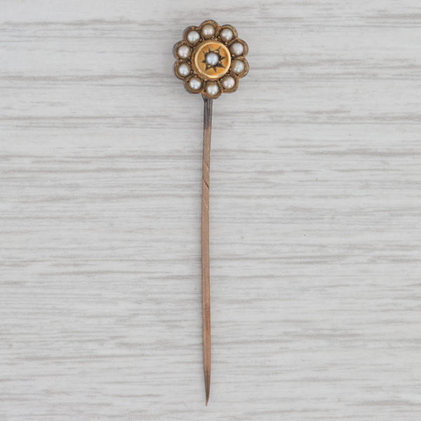 Antique Pearl Flower Stickpin w/ Box 15k Yellow Gold British