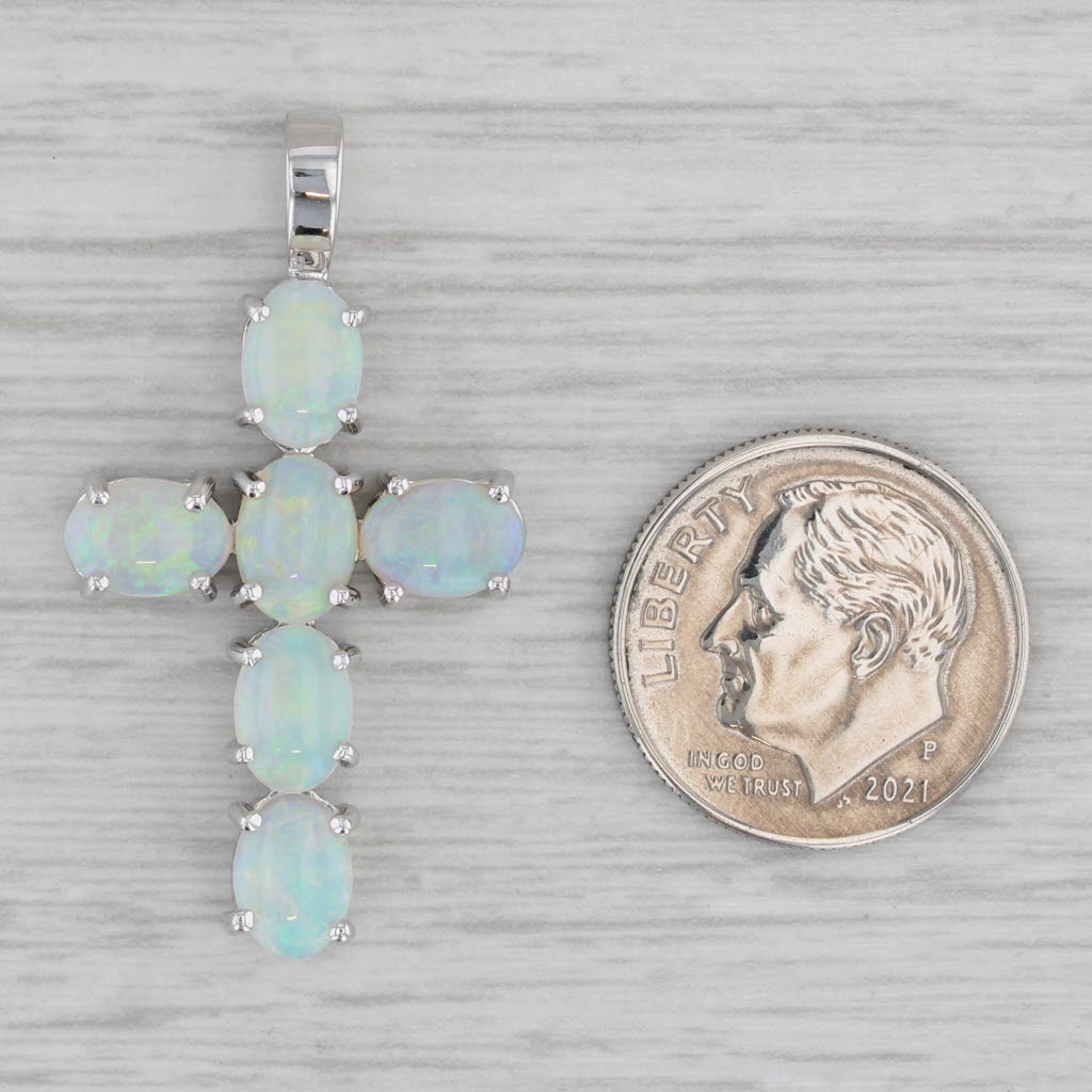 Gray Colorful Opal Cross Pendant 14k White Gold