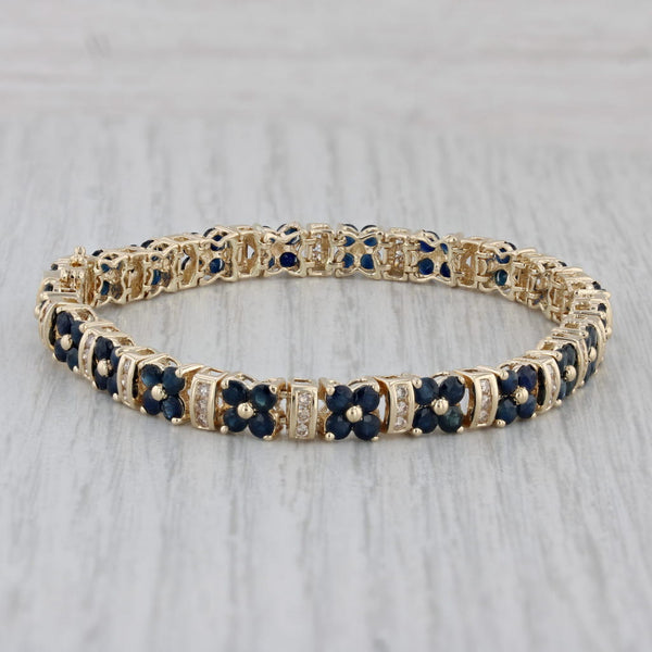 5.49ctw Blue Sapphire Flower Diamond Tennis Bracelet 14k Yellow Gold 6.75"