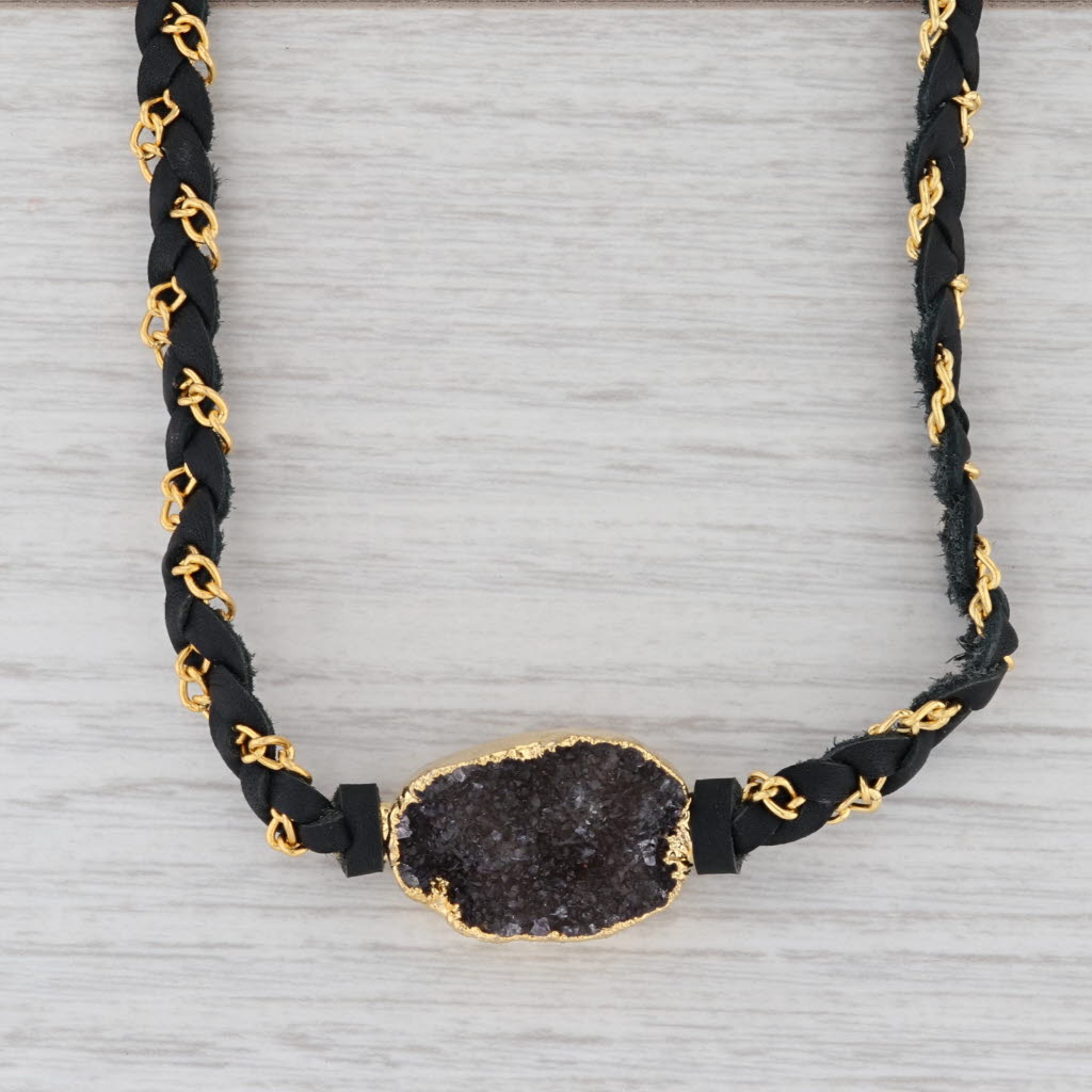 New Nina Wynn Necklace Cordelia Amethyst Druzy Pendant Black Leather NWT