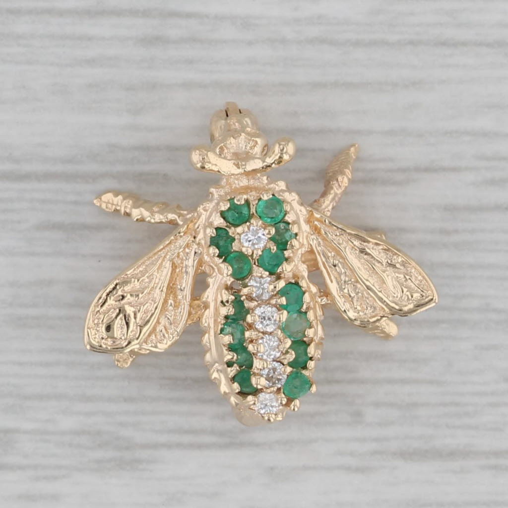 Gray Small 0.22ctw Emerald Diamond Bee Bug Pin 14k Yellow Gold