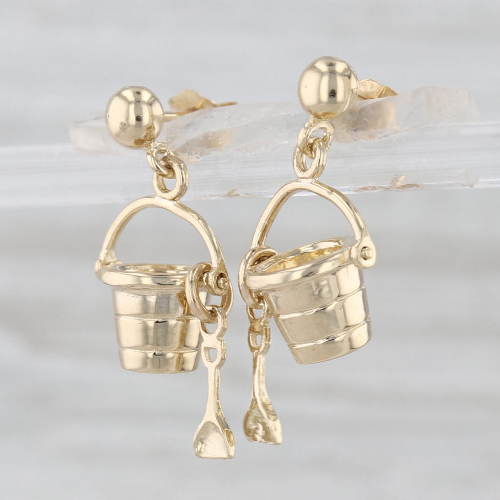Sandbucket Shovel Dangle Earrings 14k Yellow Gold Beach Nautical Theme Jewelry