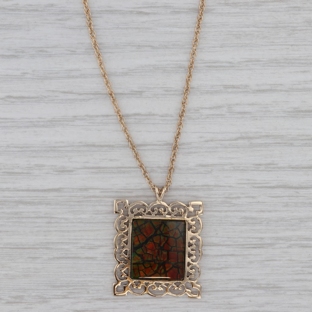 Gray Ammolite Quartz Ornate Framed Pendant Necklace 14k Yellow Gold 15" Rope Chain