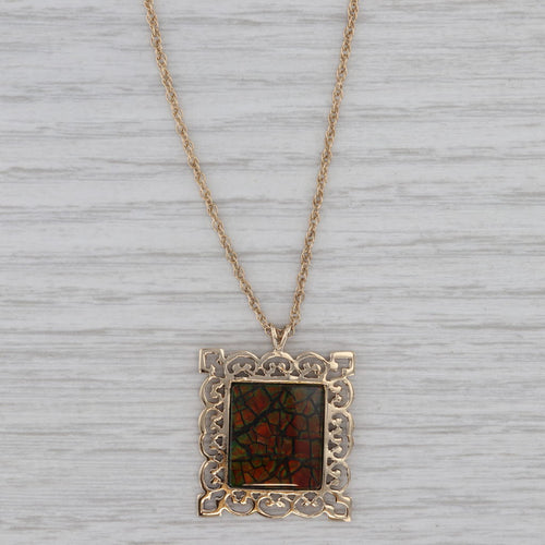 Gray Ammolite Quartz Ornate Framed Pendant Necklace 14k Yellow Gold 15" Rope Chain