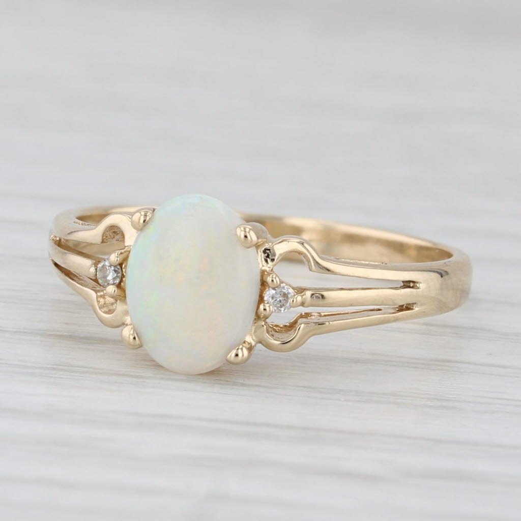 Light Gray Oval Opal Cabochon Diamond Ring 14k Yellow Gold Size 7