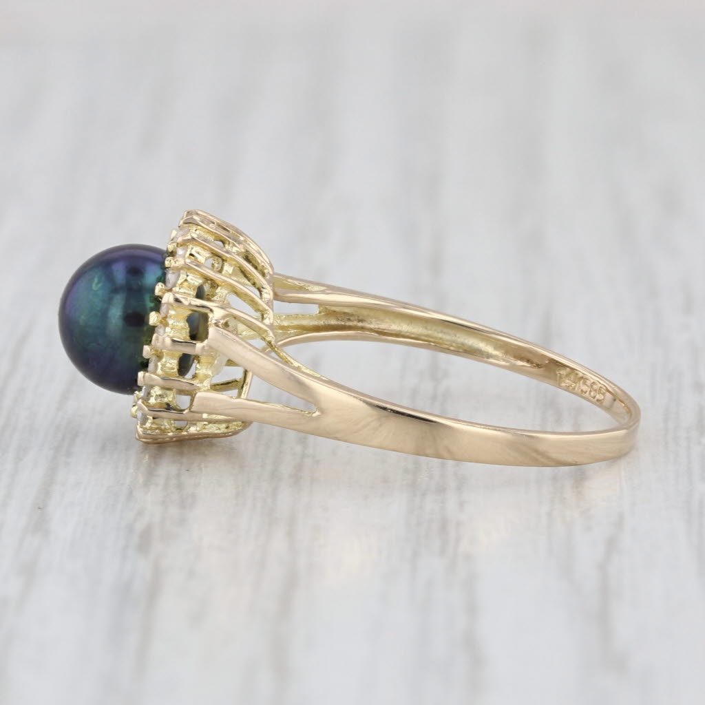 7mm Black Cultured Pearl Diamond Halo Ring 14k Yellow Gold Size 7