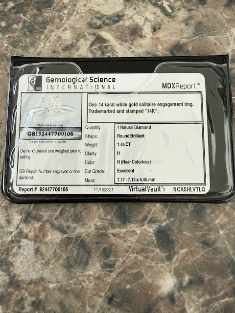 GSI Card 0.46ct Round Diamond Solitaire Engagement Ring 14k White Gold Size 5.5