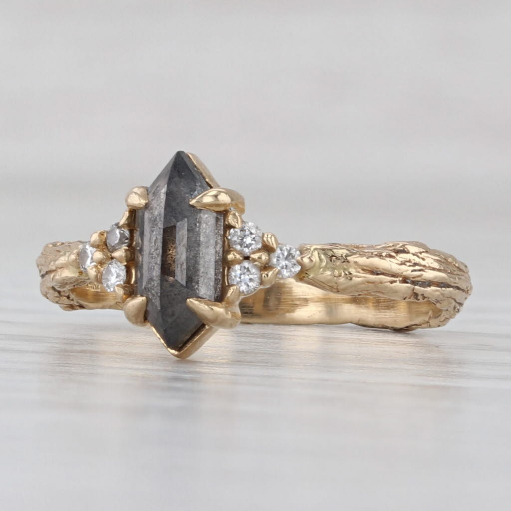 Custom Made Salt & Pepper Diamond Ring 14k Yellow Gold Size 6.5 Woodgrain Band
