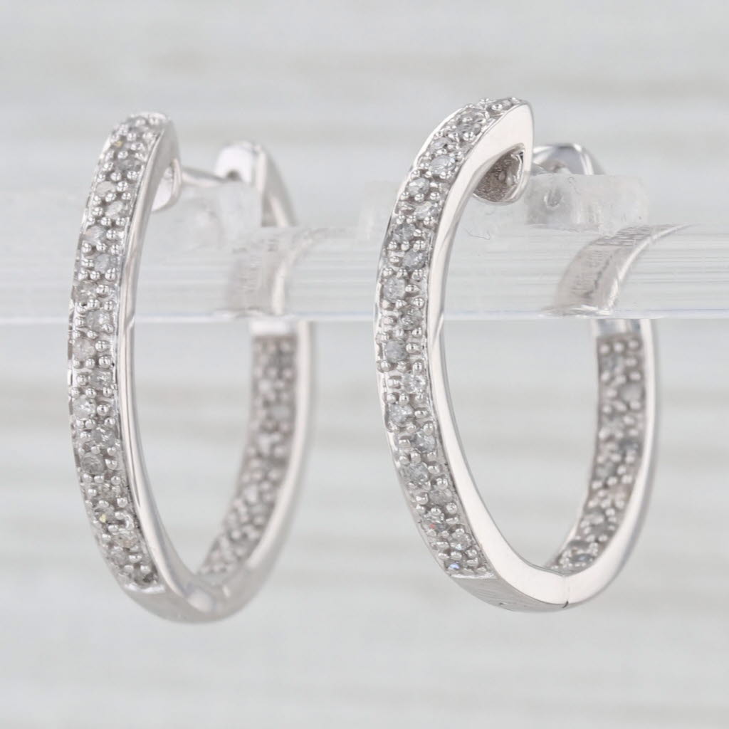 Light Gray 0.18ctw Diamond Inside Out Hoop Earrings 10k White Gold Hinged Round Hoops