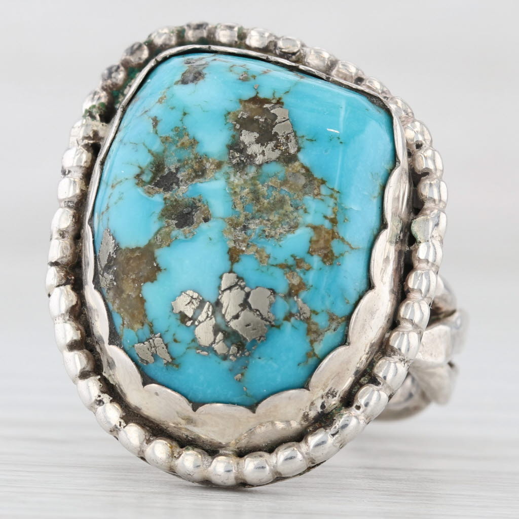 Light Gray Vintage Native American Turquoise Ring Sterling Silver Cabochon Statement Signed