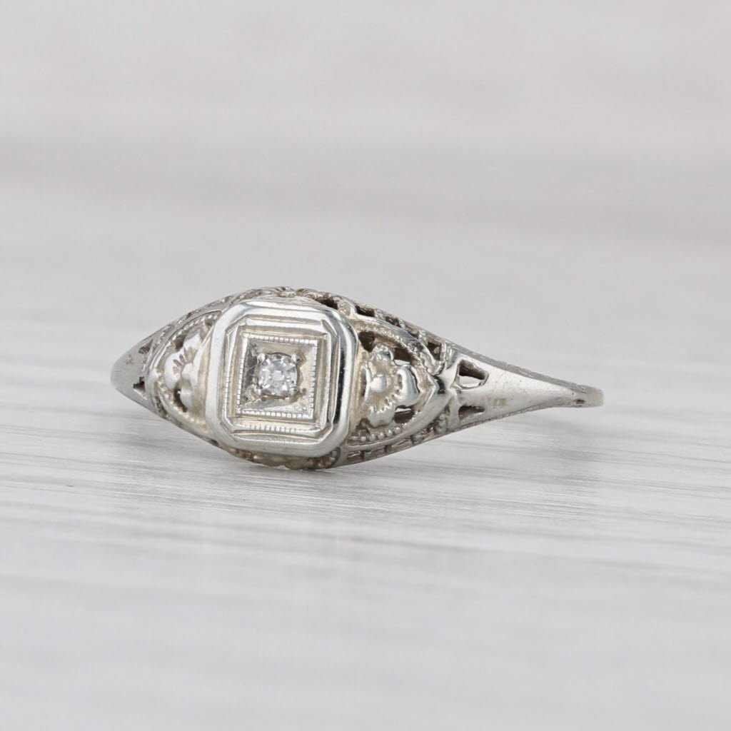 Art Deco Diamond Solitaire Filigree Engagement Ring 18k White Gold Size 5.75