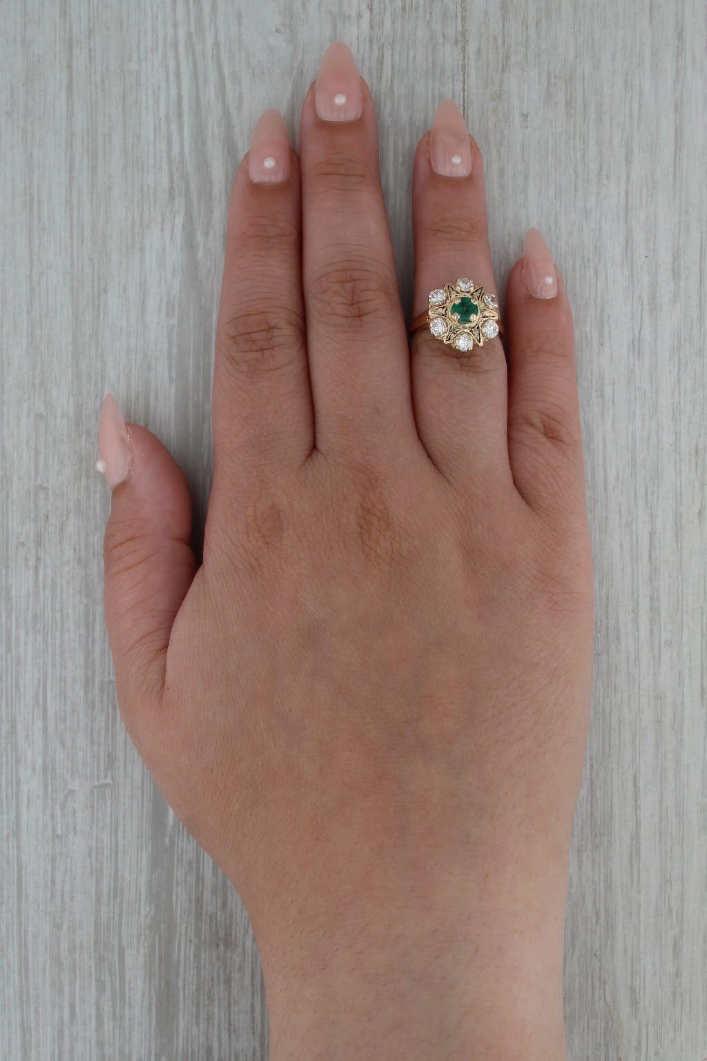 Antique Emerald Diamond Halo Star Ring 14k Yellwo Gold Size 6.25