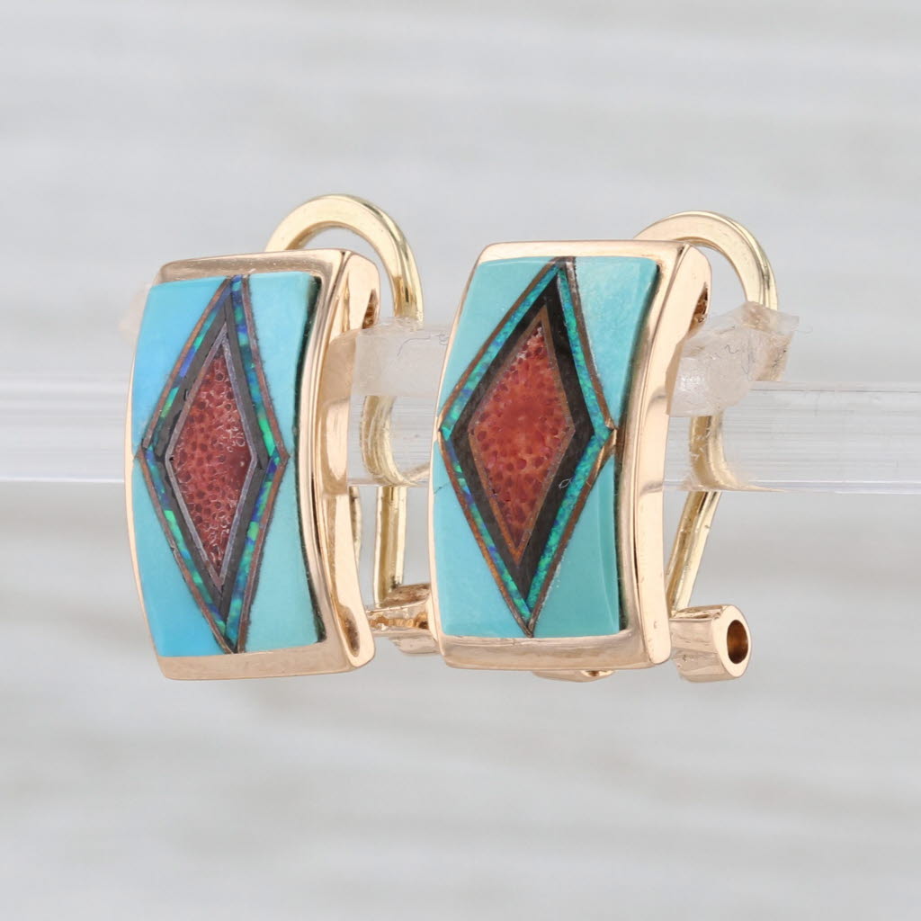 Mosaic Coral Resin Turquoise Lab Created Opal Earrings 14k Rose Gold Omega Backs