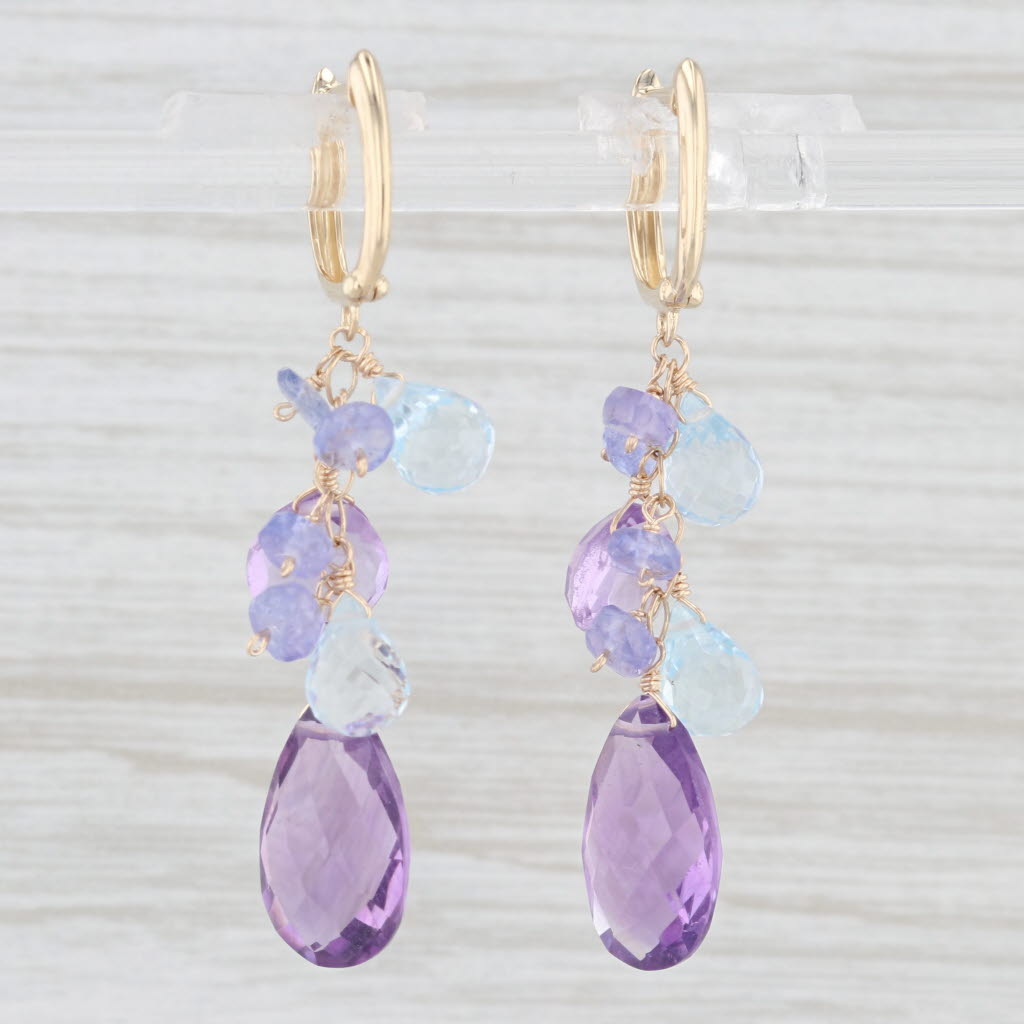 Light Gray Amethyst Blue Topaz Tanzanite Briolette Gemstone Drop Dangle 14K Earrings