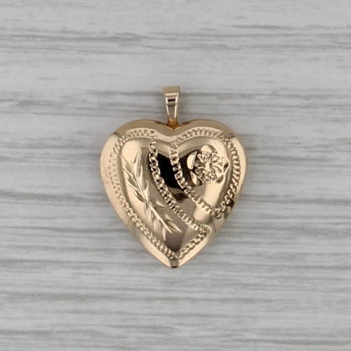 Vintage Small Photo Locket Floral Heart Pendant 14k Yellow Gold Engravable Charm
