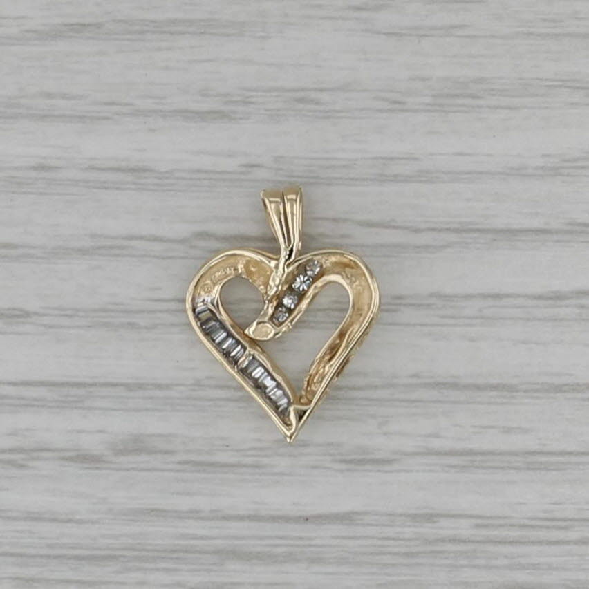 0.19ctw Diamond Open Heart Pendant 10k Yellow Gold Round & Baguette
