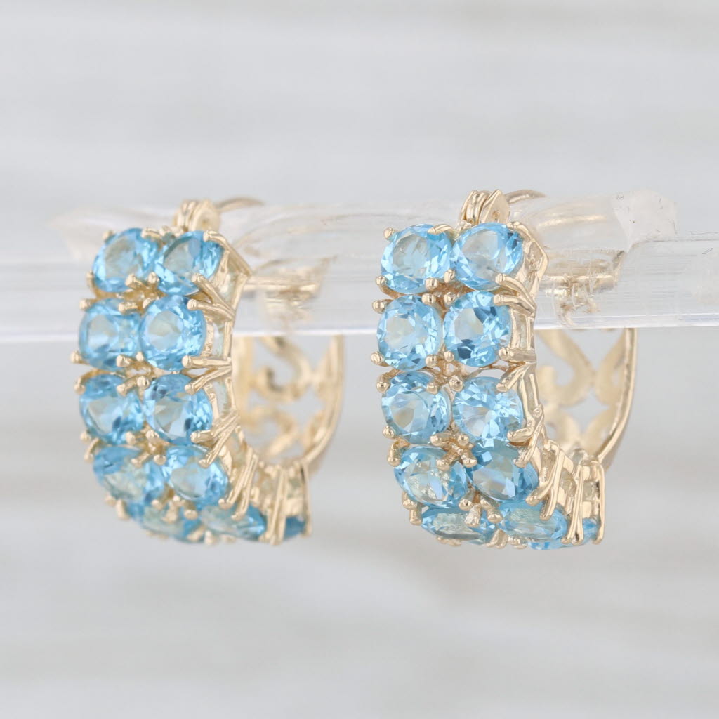 3.30ctw Blue Topaz Hoop Huggie Earrings 14k Yellow Gold Snap Top Round Hoops
