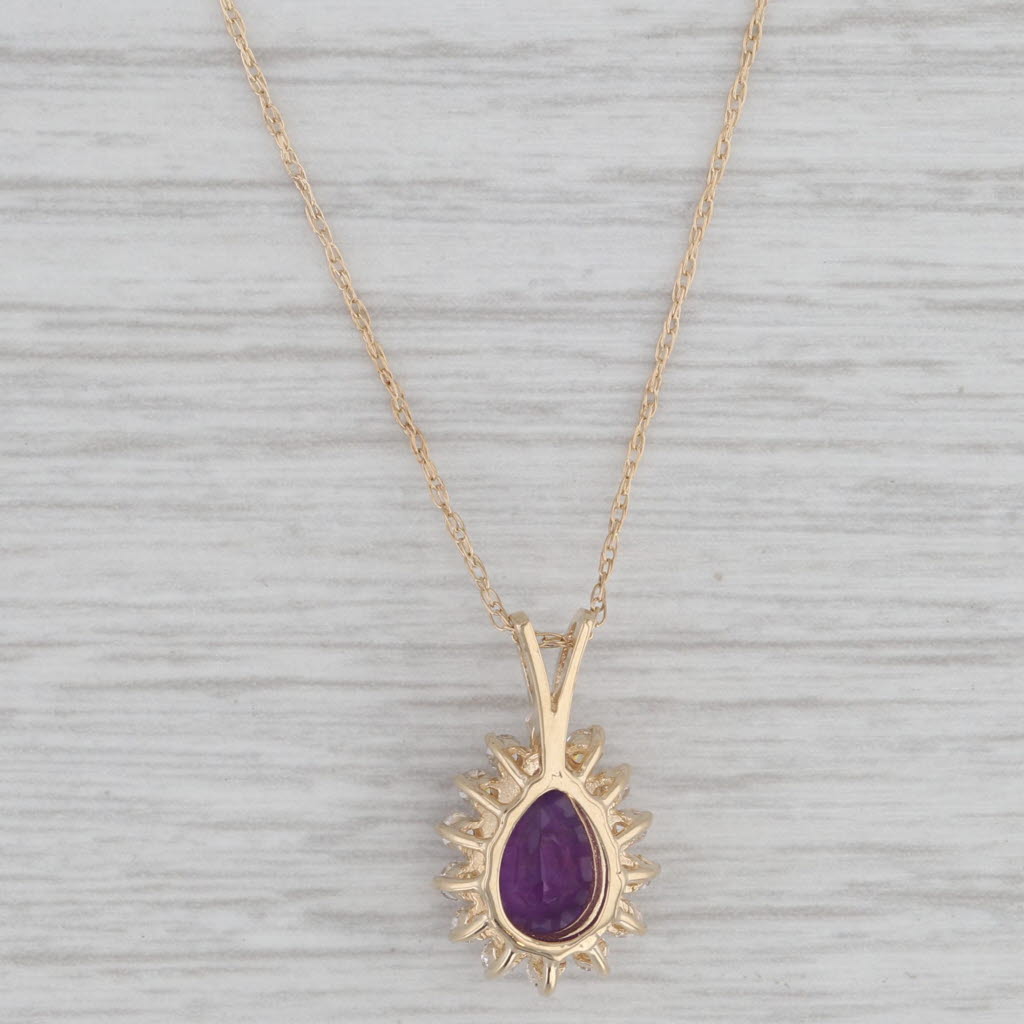 Gray Amethyst Diamond Halo Teardrop Pendant 14k Yellow Gold 19.5" Rope Chain Necklace