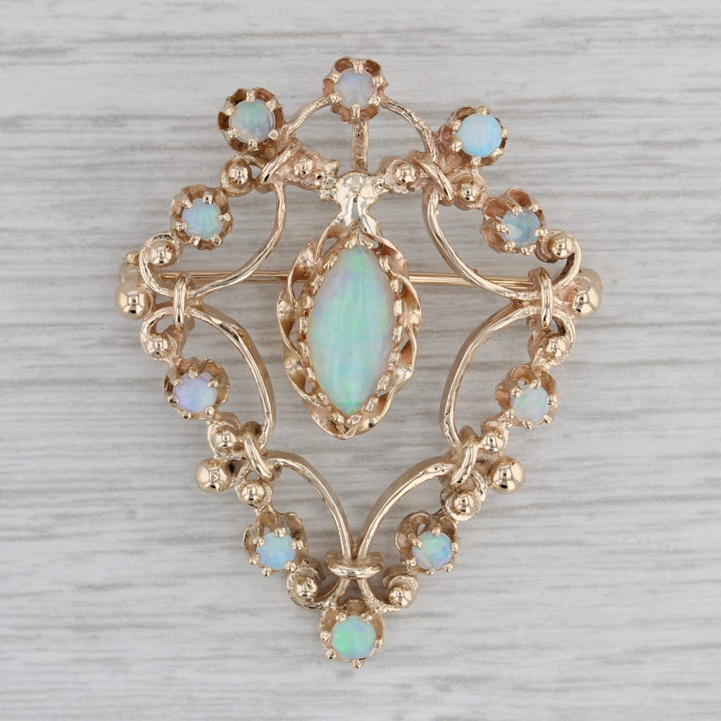 Gray Ornate Opal Pendant Brooch 14k Yellow Gold Vintage Statement