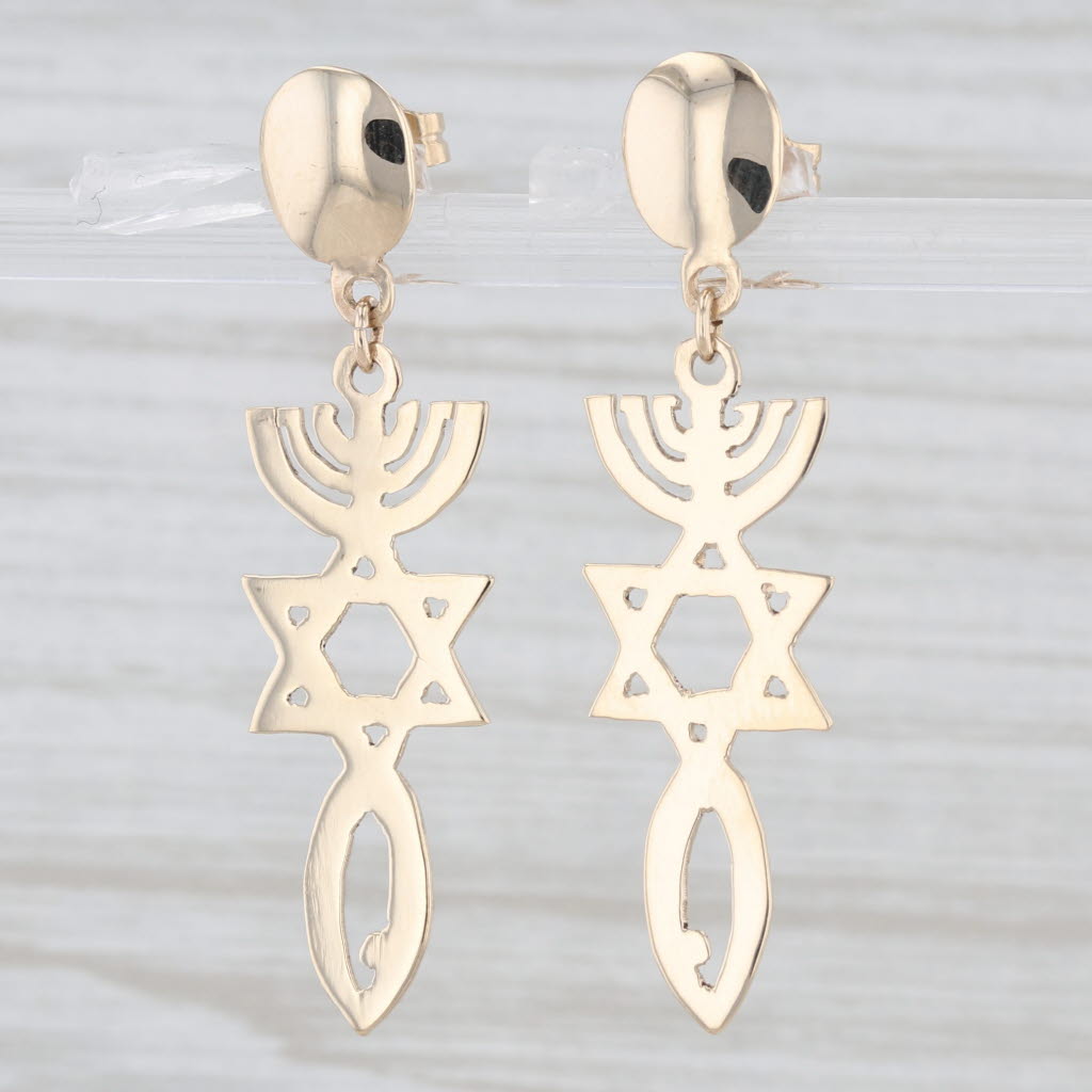 Light Gray Hebrew Judaica Dangle Earrings 14k Yellow Gold Menorah Star of David Fish