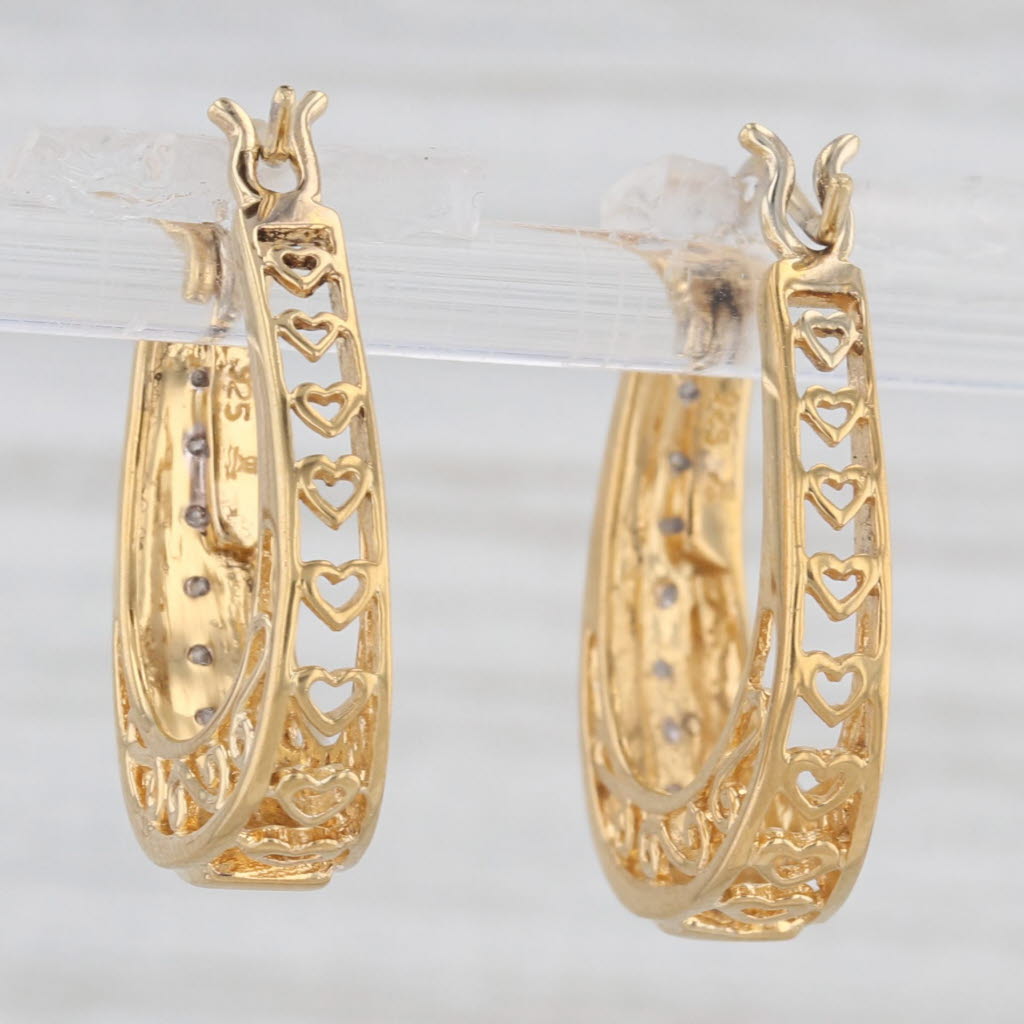 Light Gray 0.18ctw Diamond Oval Hoop Earrings Sterling Silver Gold Plated Hearts