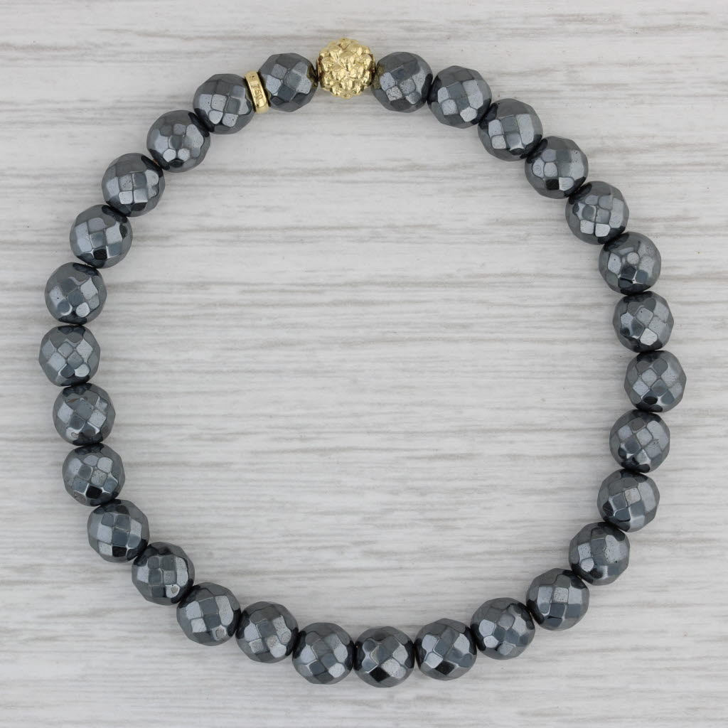 Gray Lagos Caviar Icon Hematite Gold Station Bead Bracelet 18k Gold Stretch Strand