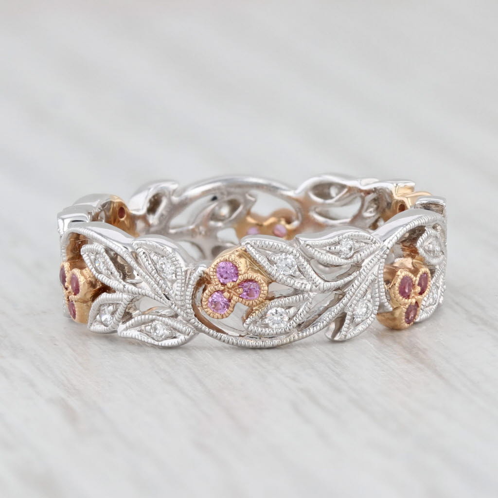 Light Gray New Beverley K 0.30ctw Pink Sapphire Diamond Flower Ring 18k Gold Wedding Band