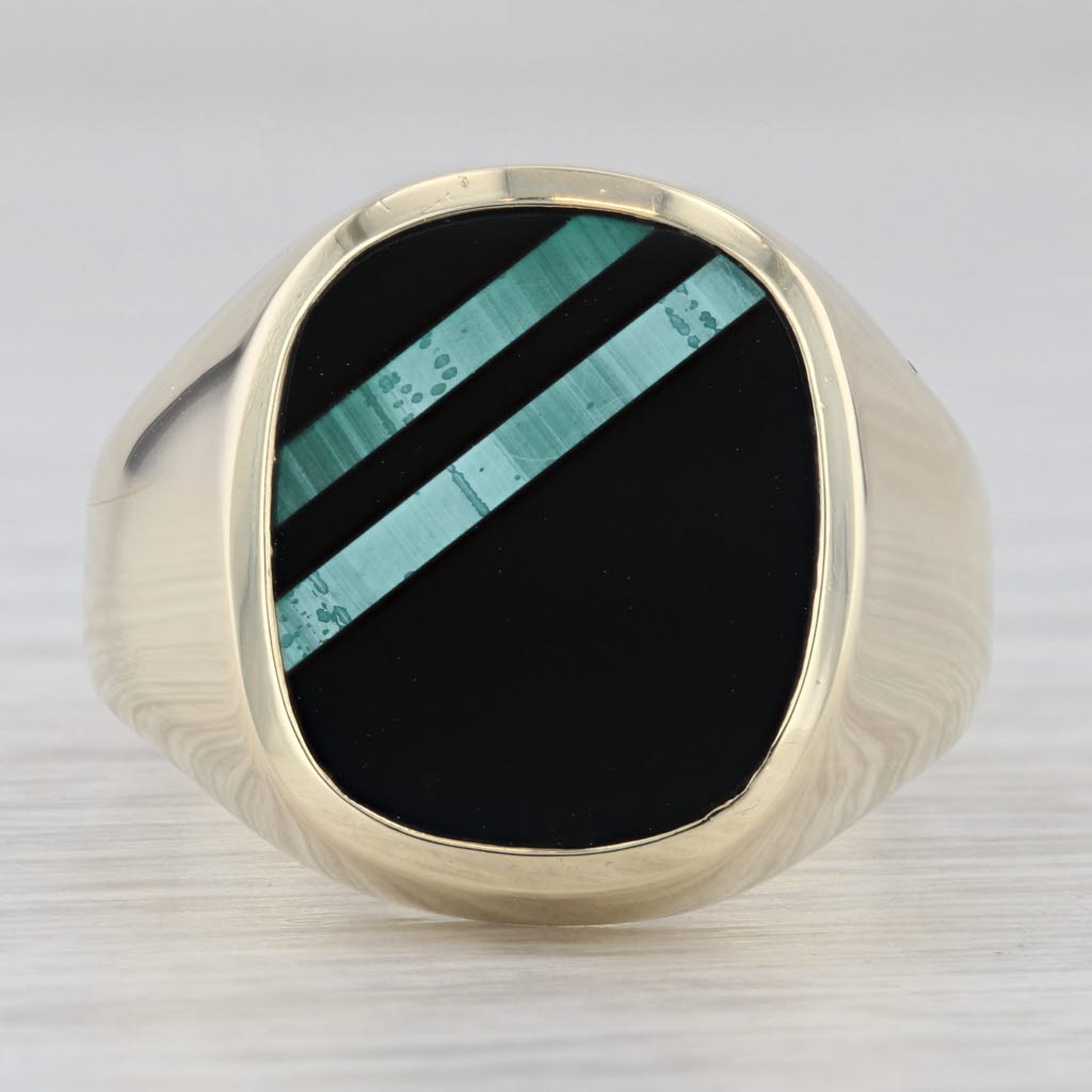 Gray Vintage Men's Onyx Malachite Ring 14k Yellow Gold Size 10 Holland